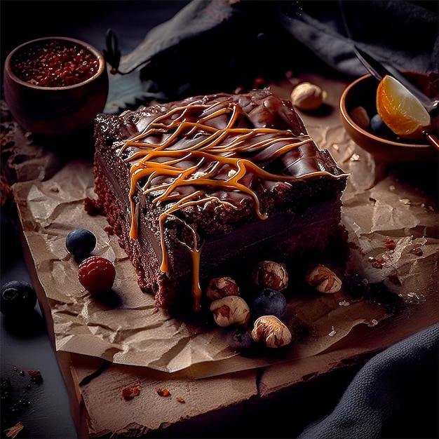 Un brownie de chocolate con deliciosas nueces de caramelo y nueces de macadamia Decoración rústica