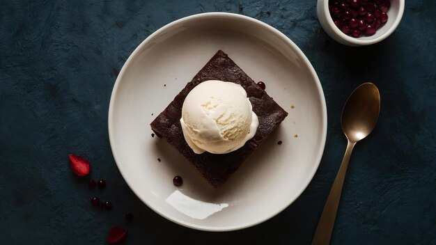 Brownie de chocolate con helado de vainilla en el plato