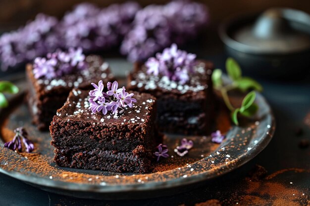 Foto brownie de chocolate con jarabe de flores de lila postre tradicional estadounidense