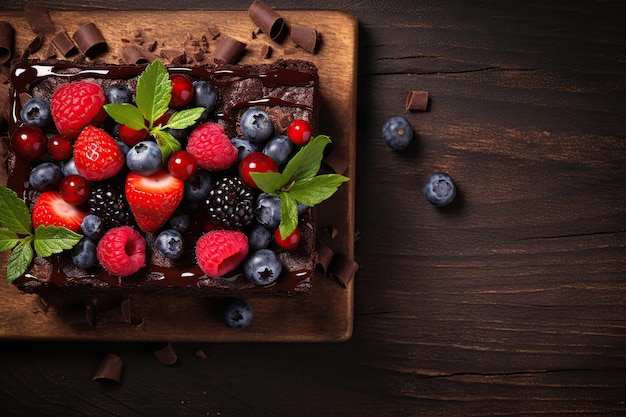 Foto brownie de chocolate com frutas vermelhas em fundo de madeira