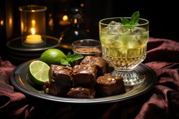 Brownie de fruta da paixão num café aconchegante com sofás de veludo verde generativo IA