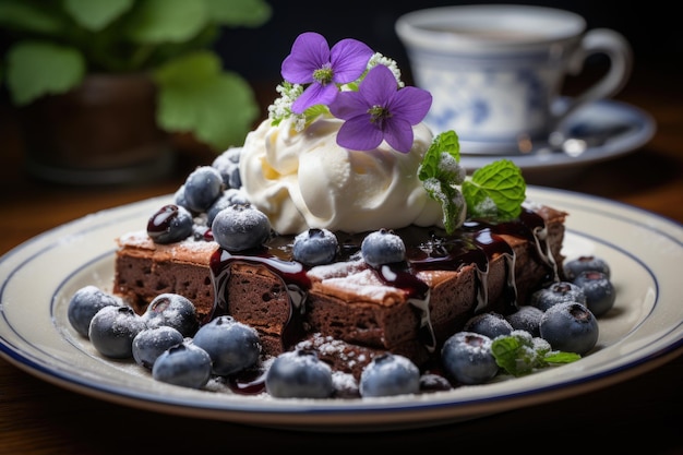 Brownie de mirtilo em um prato de porcelana servido em um brunch com flores frescas IA generativa
