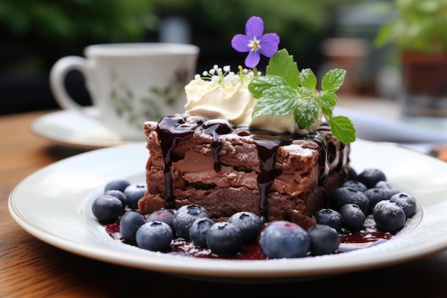 Brownie de mirtilo em um prato de porcelana servido em um brunch com flores frescas IA generativa