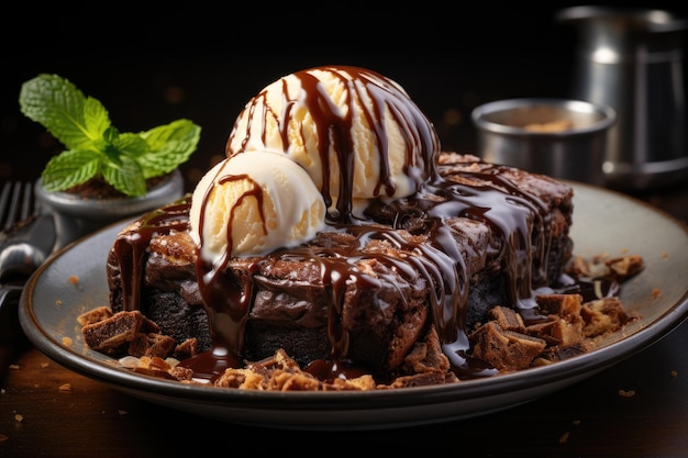 Brownie fresco com sorvete ao lado e café uma cena tentadora e reconfortante geradora de IA