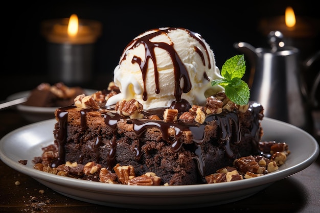 Brownie de nueces junto a helado derretido generativa IA