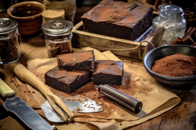 Brownies am Tisch, Küchentisch, professionelle Werbung für Lebensmittelfotografie