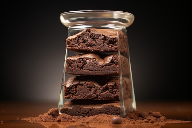 Los brownies apilados para formar una cascada de chocolate en cascada en un charco de caramelo