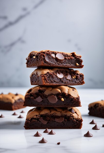 Los brownies de chocolate se arreglan en vertical