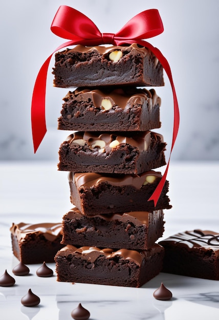 Los brownies de chocolate se arreglan en vertical