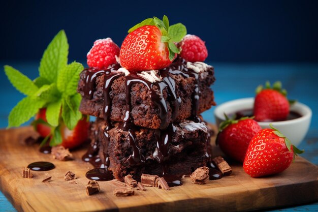 Foto brownies de chocolate caseros con fresas en el azul de madera