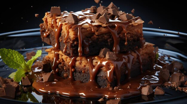 Brownies de chocolate dulce con chocolate derretido y una pizca de cacao en polvo