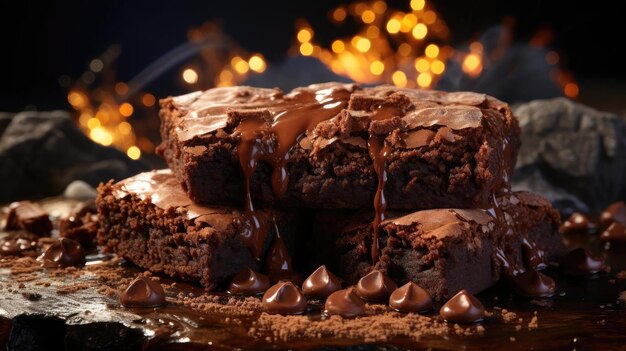 Brownies de chocolate llenos de chocolate dulce derretido sobre un fondo negro y borroso