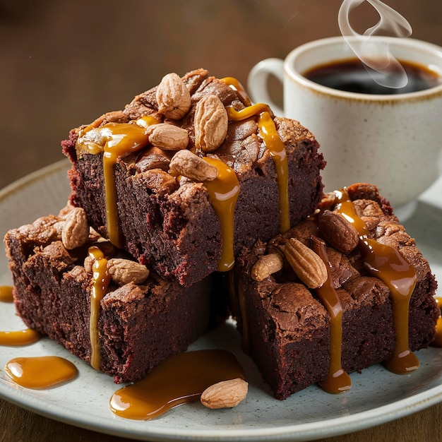 Brownies com nozes e xarope de caramelo e uma chávena de café.