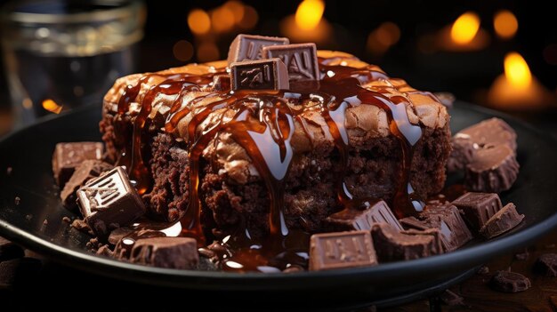 Foto brownies de chocolate cheios de chocolate doce derretido em fundo preto e desfocado