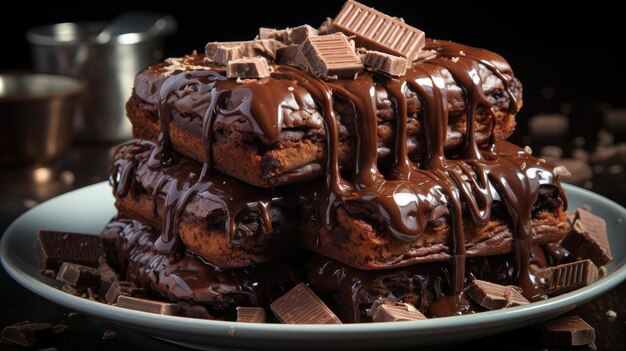 Foto brownies de chocolate doce com chocolate derretido e um pouco de cacau em pó