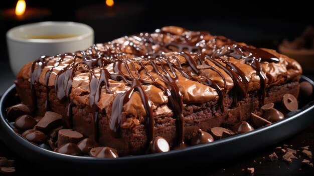 Brownies de chocolate doce com chocolate derretido e uma pitada de cacau em pó