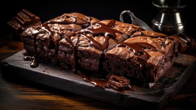 Brownies de chocolate recheados com chocolate doce derretido em fundo preto e borrão