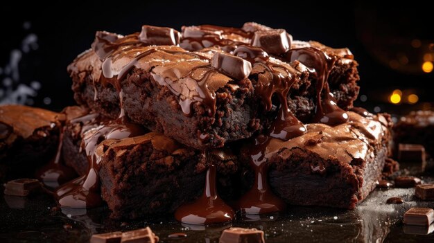 Brownies de chocolate recheados com chocolate doce derretido em fundo preto e borrão