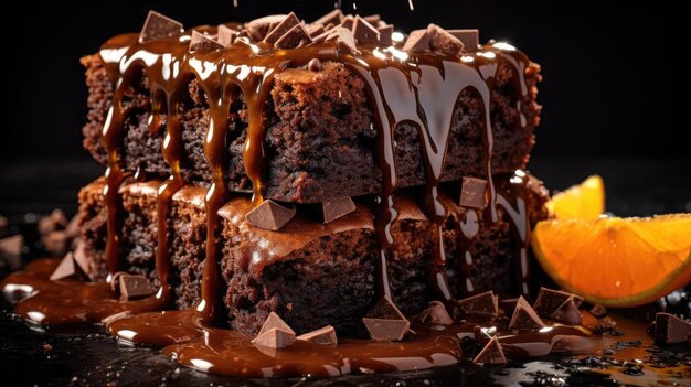 Brownies de chocolate recheados com chocolate doce derretido em fundo preto e borrão