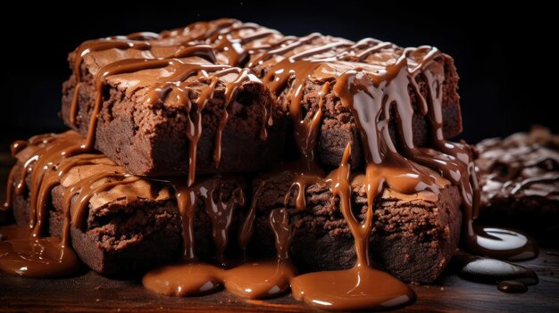 Brownies de chocolate recheados com chocolate doce derretido em fundo preto e borrão