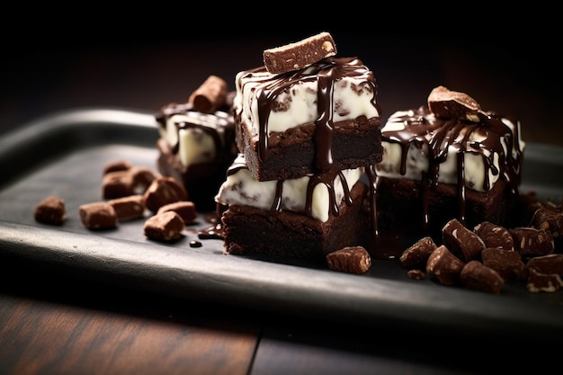 Foto brownies, die auf einem dessertboot serviert werden, das auf einem meer von schokoladen-ganache schwimmt