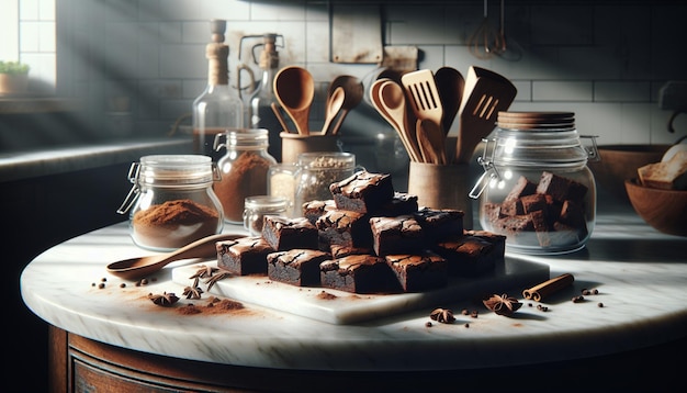 Foto brownies recién horneados con especias en la encimera de mármol