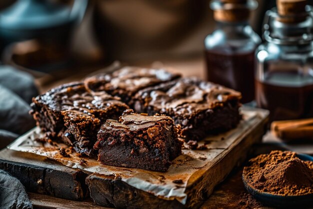 Foto brownies und eine flasche getränk auf einem holzbrett