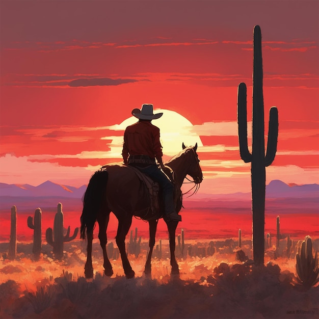 Foto brownland solitario macho vaqueros detrás y caballo y cactus y cielo rojo y sol 2 dolor acrílico