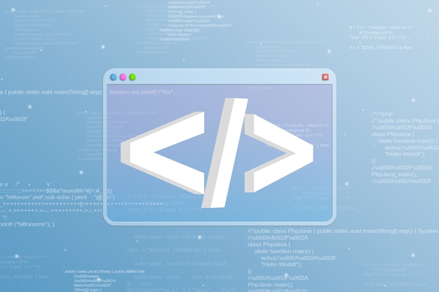 Browserfenster mit Programmiersymbol und Codeelementen im Hintergrund 3d