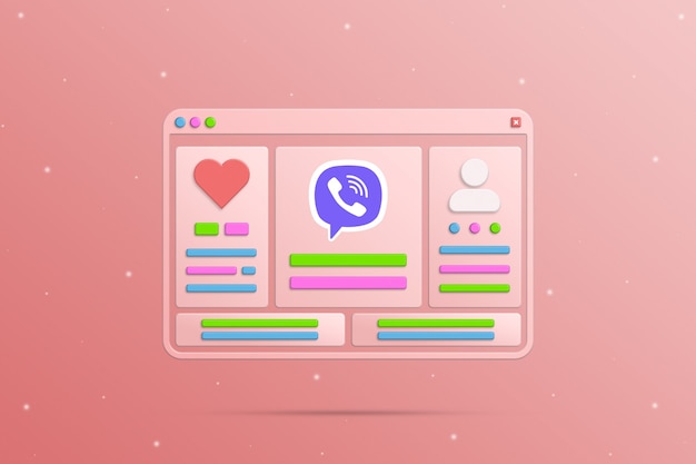 Browserfenster mit sozialen Elementen Viber-Netzwerke soziales Profil und Aktivität des Benutzers 3d