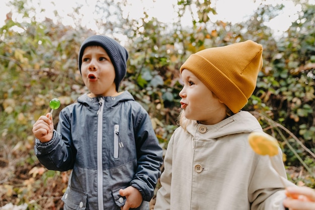 Bruder und Schwester auf einem Spaziergang Der ältere Junge und das jüngere Mädchen machen gemeinsam einen Spaziergang im Herbstpark