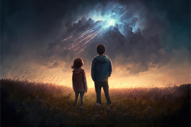 Bruder und Schwester auf einer Wiese, die Meteore im Himmel betrachten, digitale Kunst, Illustration, Malerei, Fantasy-Konzept eines Bruders und einer Schwester auf einer Wiese
