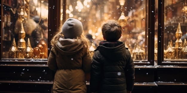 Bruder und Schwester schauen aus dem Fenster eines Ladens mit Neujahrsspielzeug, weihnachtlicher generativer KI