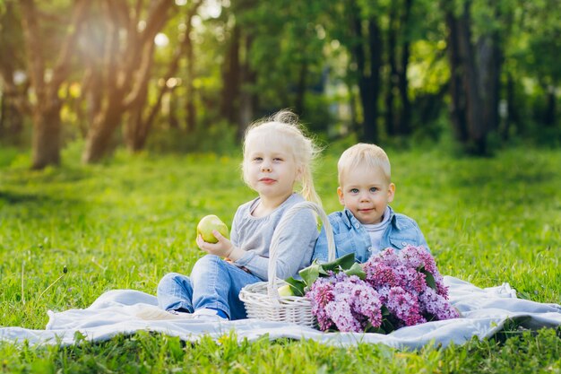 Bruder und Schwester sitzen auf Sommerwiese