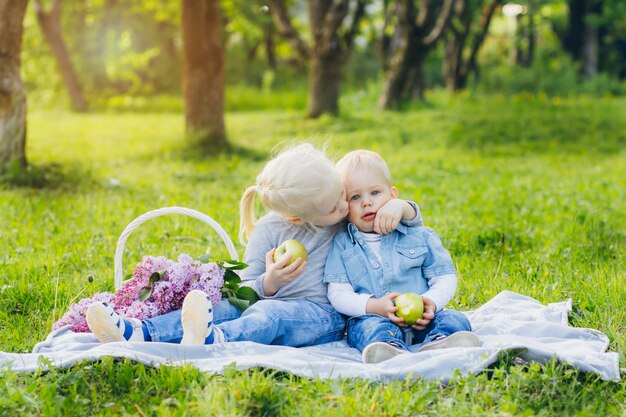 Bruder und Schwester sitzen auf Sommerwiese