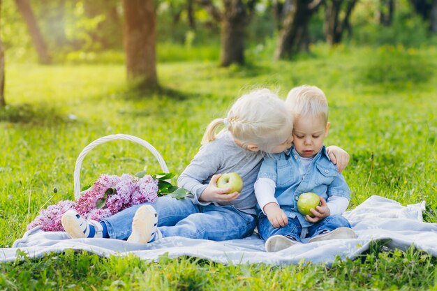 Bruder und Schwester sitzen auf Sommerwiese