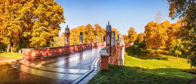 Brücke im Zarizyno in Moskau über die Schlucht an einem sonnigen Herbsttag