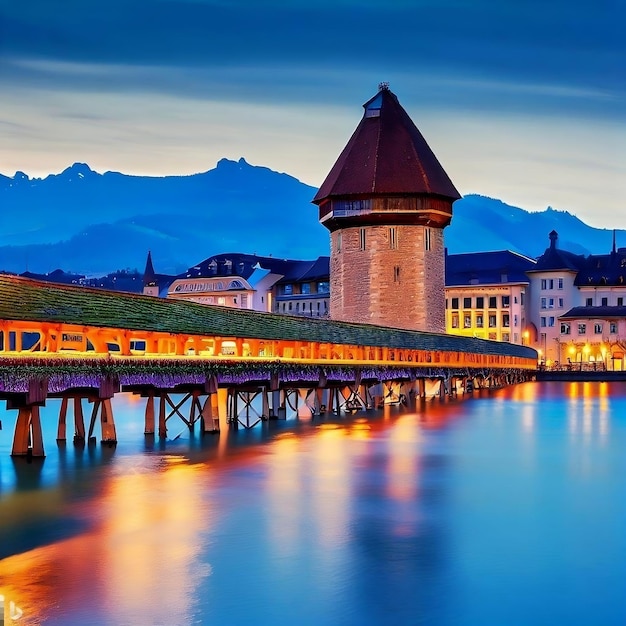 Brücke über den Fluss Abendansicht Tapete von ai