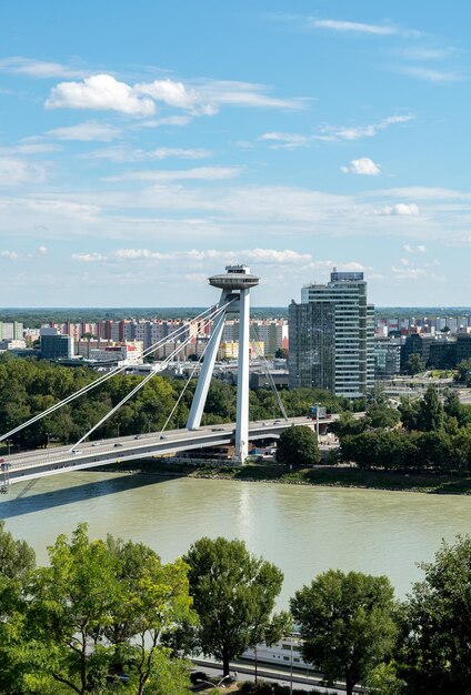 Brücke über den Fluss mit der Stadt im Hintergrund