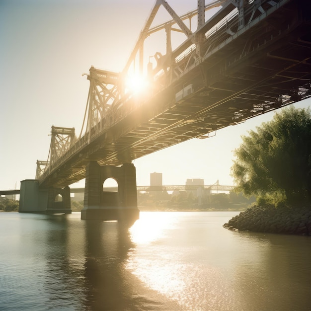 Brücke über den Fluss über Sonne und Gebäude, die mit generativer KI-Technologie erstellt wurden