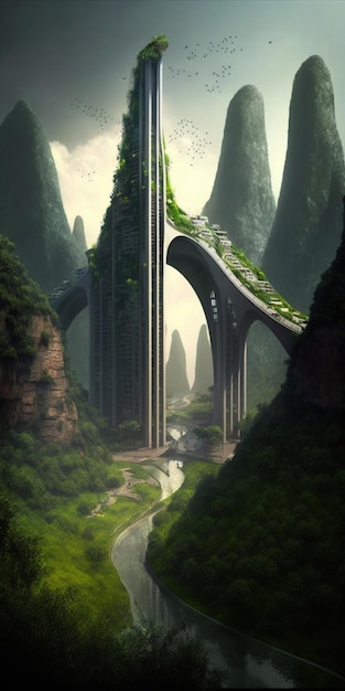 Brücke über einen Fluss, umgeben von generativen Bergen