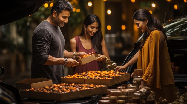 Brüder und Schwestern laden Diwali-Geschenke aus dem Auto