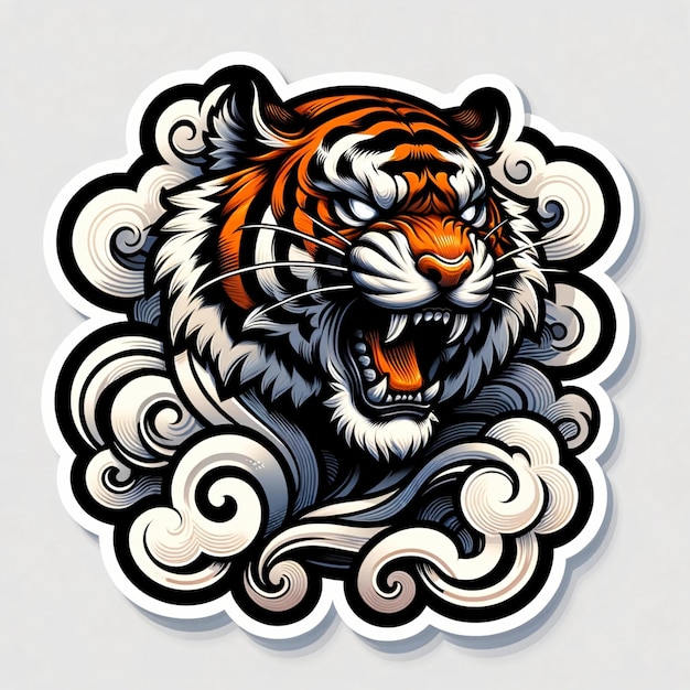 Brüllender Tiger und Wolken Illustrations-Sticker