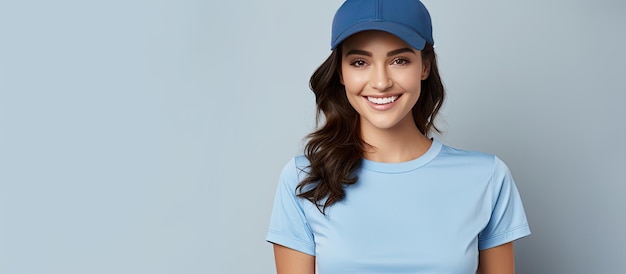 Brünette Frau in blauem T-Shirt und Mütze aktiv auf weißem Hintergrund mit Kopierraum
