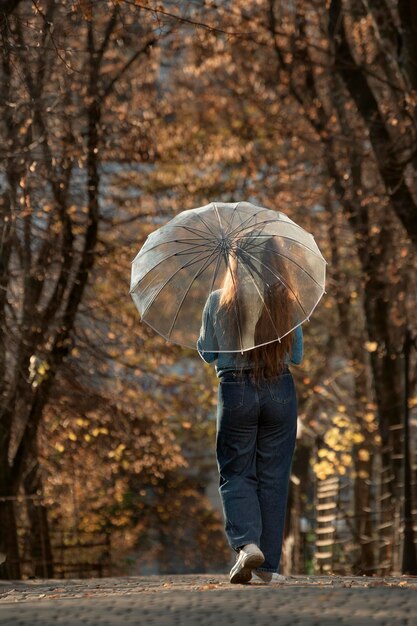 Brünette Frau mit langen Haaren mit transparentem Regenschirm im Herbstpark Mädchen in blauem Pullover und Hose Rückansicht