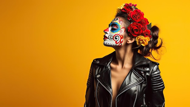 Brünette mit Sugar Skull-Gesichtsfarbe und Lederjacke auf farbigem Hintergrund Generative KI