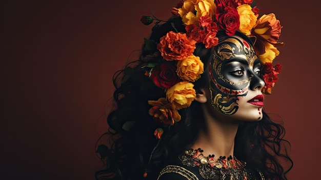 Brünette mit Sugar Skull-Gesichtsfarbe und Lederjacke auf farbigem Hintergrund Generative KI