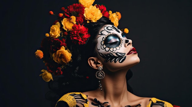 Brünette mit Sugar Skull-Gesichtsfarbe und Lederjacke auf farbigem Hintergrund Generative KI