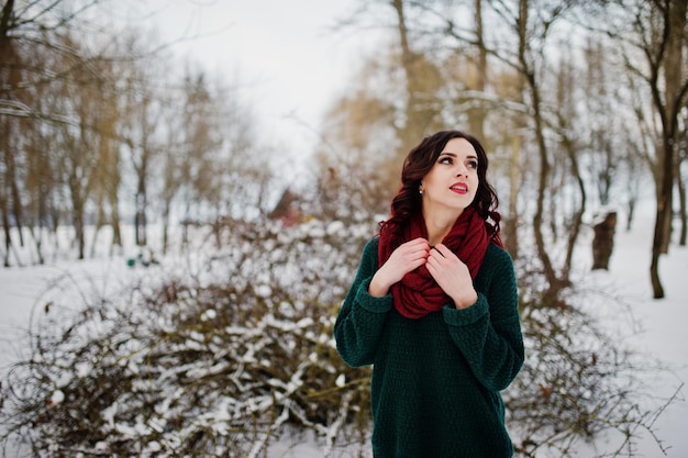 Brünettes Mädchen in grünem Pullover und rotem Schal im Freien am abendlichen Wintertag.