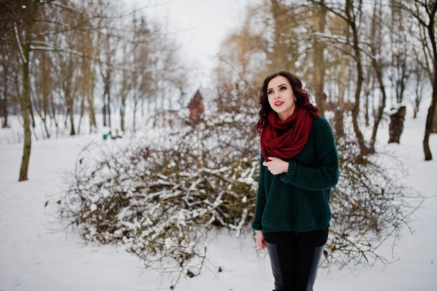 Brünettes Mädchen in grünem Pullover und rotem Schal im Freien am abendlichen Wintertag